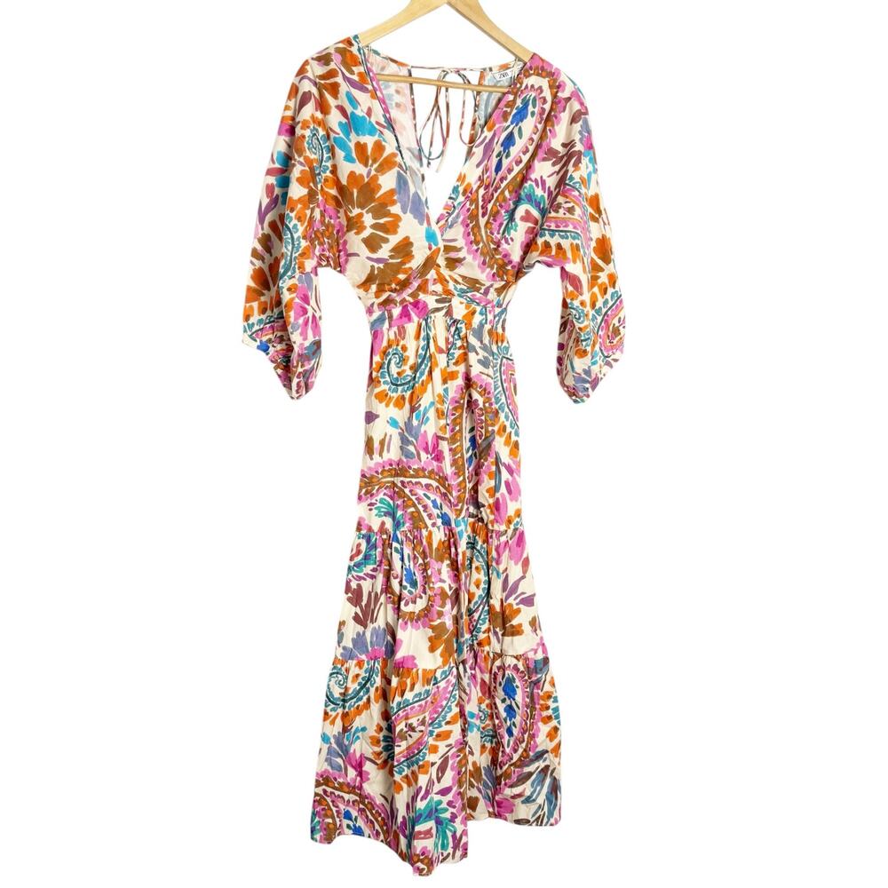 Zara Blogger Favorite Colorful Paisley Tiered Knotted Cotton Resort Midi Dress
